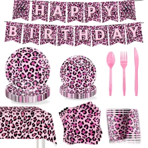 Pink Leopard Print Themed Birthday Party Tableware Supplies Disposable Tissues Cups Latex Balloons Background Decoration