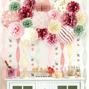 Pink Lotus Root Starch Paper Flower Ball Lantern Set for Christmas Valentine’s Chinese New Year Father’s Day Party Decoration