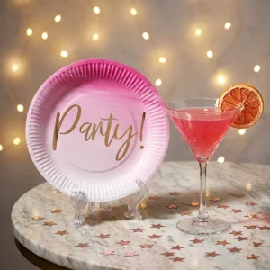 Pink Ombre Gradient Gold Foil Party Lettering Disposable Paper Plates Festive Celebration Dinner Cake Tableware Sets