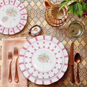 Pink Palm Tree Porcelain Dinnerware Set for Retail Beach Weddings Tropical Themed Events