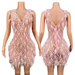 Pink Pearls Feathers Evening Banquet Mini Dress Women Bodycon Birthday Wedding Guest Celebration Occasion Dress Prom Club Wear