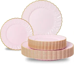 Pink Plastic Plates With Gold Rim Floral Design For Party Wedding Dinnerware Set Dining Party Home Dinner Tableware