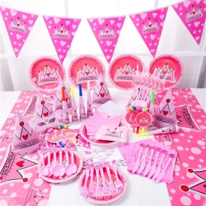 Pink Princess Theme Birthday Paper Party Supplies Celebrate Crown Party Tableware And Table Decoration