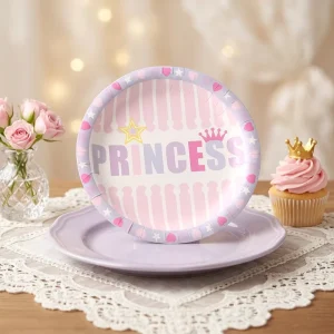Pink Princess Theme Girls Birthday Disposable Paper Plates Cute Crown Stripe Patterns Baby Shower Tableware Dinner Cake Tray