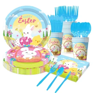 Pink Rabbit Kids’ Party Tableware Set for Easter Valentine’s Day or Diwali Paper Tray Cup Tissue Banner Decoration Wall Decor