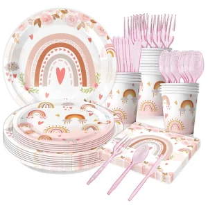Pink Rainbow Bohemian Disposable Knife Fork Spoon Decoration Set Christmas Party Supplies Paper Plates Paper Cups Paper Towels