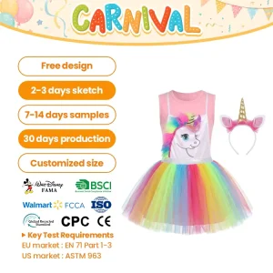 Pink Satin Tulle Western Style Glitter Print Dress Costume Unicorn Themed Carnival Costume Girls Children Comfortable Breathable