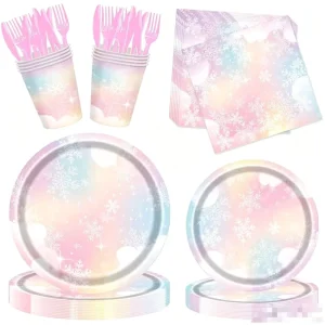 Pink Snowflake Theme Disposable Tableware Set Paper Plates Paper Cups Parties Favors for Christmas Party Decorations