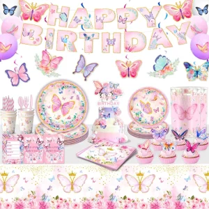 Pink Spring Flower Butterfly Party Decoration Disposable Paper Plates Banner Tablecloth Tablecover Birthday Party Supplies