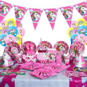 Pink Unicorn Series Theme 91pcs Disposable Paper Trays Plates Napkins Banner Suitable for Girl’s Birthday