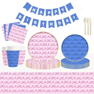 Pink and Blue Bowknot Pattern Children’s Birthday Party Supplies Paper Plate Party Dining Set