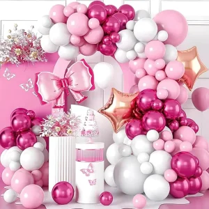 Pink and White Bow Party Garland Kit With Strip Tape Balloon Arch Kit for Birthday Wedding Baby Shower Party