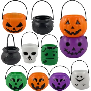 Plastic Halloween Pumpkin Candy Bucket with Skull Witch Hat Ghost Shapes Decorative Hanging Ornaments