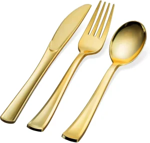 Plastic UV Plated Gold Disposable Knives Forks and Spoons for Birthdays Weddings and Cross Border Parties