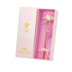 Plated Holiday Present Wedding Party Decoration Artificial Valentine’s Day Gift Rose Flower Gold with Pink Gift Box 24K