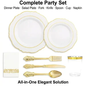 Plates Cups Cutlery Set Wedding Parties Picnic Eco-Friendly Gold Rimmed White Disposable Plastic Plates Heavy Duty Modern Luxury