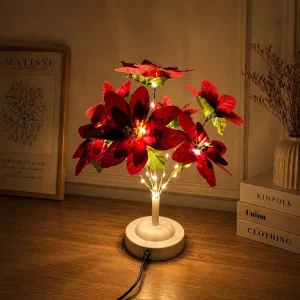 Poinsettia Plastic Table Lamp USB AA Battery Powered Night Light European American Style Christmas Thanksgiving Decor Lights