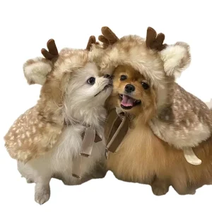 Polyester Christmas Pet Clothing Elk Cloak Cape Dog Cat Fleece Costume Hat OEM Holiday Outfit All Seasons