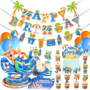 Pool Party Decoration Set Includes HAPPY BIRTHDAY Banner Tableware Tablecloth Cake Topper Balloons Beach Birthday Party Supplies