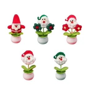 Popular Cute Crochet Santa Claus Christmas Tree Potted Plant with Flowerpot Artificial Woolen Knitted Plant Festival Ornament