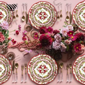 Porcelain Dinnerware Set With Intricate Red and Green Floral Patterns
