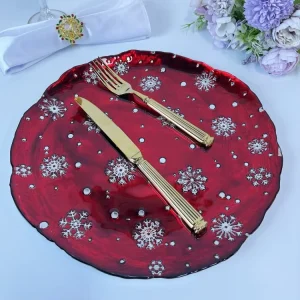 Portable Exquisite Festive Red Glass Plate with Snowflake Patterns Dinnerware Set for Christmas Holiday Table Party Decorations