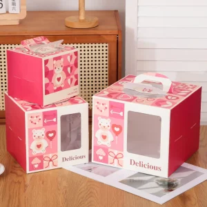 Portable Handle Eco-Friendly Rigid Boxes Valentine Bear Print Paper Dessert Gift Box Clear Window Square Wedding Party Packaging