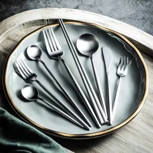 Portuguese 304 Stainless Steel Tableware Set Thickened Western Steak Knife Fork Brushed Finish Golden Spoon Dessert Spoon