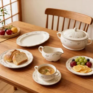 Premium Ceramic Dinnerware Set French Country Floral Embossed Tableware Luxury Farmhouse Kitchen Dinner Set