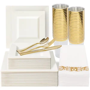 Premium PS Disposable Party Utensils Gold Rim Square Plates Buffet Restaurant Gatherings Durable Custom Colors in Bulk
