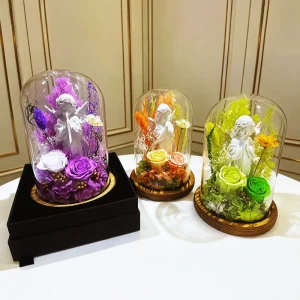 Preserved Flower Glass Dome with Plaster Angel Figurine Eternal Rose for Christmas Valentines Mothers Gifts Home Decoration