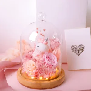 Preserved Forever Roses Unicorn in Glass Dome Happy Birthday Roses Gift for Wedding Anniversary