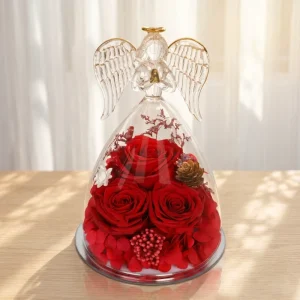 Preserved Red Rose in Glass Dome with Angel Figurine Eternal Flower Anniversary Gifts for Her Wife Mom Romantic Home Table Decor