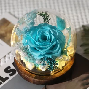Preserved Rose Glass Ball with LED and Wood Base for Wedding, Anniversary and Home Decoration
