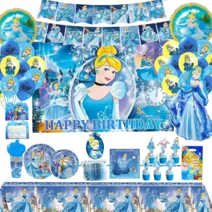 Princess Theme Party Girl Birthday Supplies Balloon Banner Cup Plate Cinderella Disposable Tableware Sets