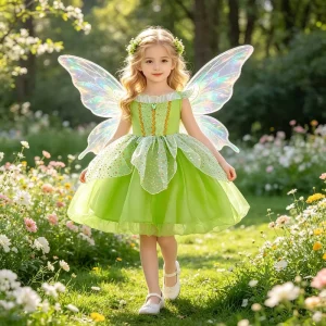 Princess Tinker Bell Dress for Girls Green Crown Magic Wand Christmas Elf Costume for Children XJL05