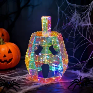 Prismatic Iridescent Halloween Spooky Pumpkin Decor LED Lighted Holographic Jack-o-lantern Figure for Halloween Festive Party