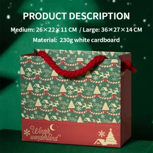 Private Label Xmas Green Cardboard Gift Bag Red Twisted Handle Retro Christmas Tree Pattern Boutique Retail Packaging