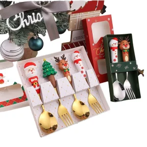 Professional Manufacture Christmas Tableware Santa Elk Doll Dessert Spoons Fork Set