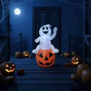 Professional Polyester Halloween Inflatable Decoration Customized Size Orange White Elf Sitting Pumpkin LED Lights Toy
