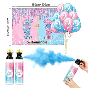 Prop 65 Certified Gender Reveal Party Supplies Kit, Biodegradable Powder Spray with Balloons & Backdrop Decor for Baby Shower