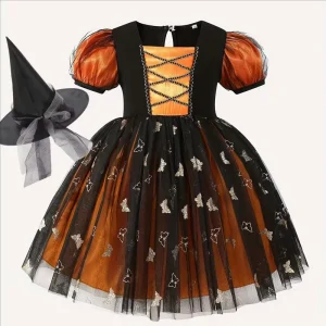 Pumpkin Festival Princess Performance Costumes for Girls Children’s Birthday Party Dresses O Neck 3D Sequined Puffed Sleeves