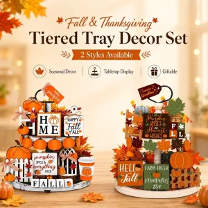Pumpkin Spice Harvest Maple Leaf Tabletop Display Indoor Seasonal Home Party Thanksgiving Tiered Tray Ornament Decor Set