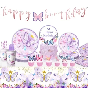 Purple Butterfly Party Supplies Girl Birthday Party Paper Plates Paper Cups Tablecloths Flag Pulling Balloons Party Decoration