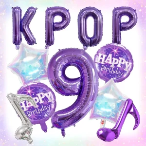 Purple KPOP Letter Number 9 Music Note Star Foil Balloon Set K pop Fans 9th Birthday Party Decor Globos
