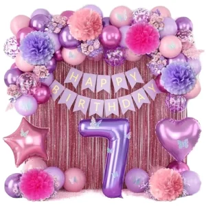 Purple Number Balloon Hanging Paper Banner Butterfly Wall Stickers Girls Birthday Party Decorations Set
