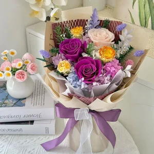 Purple Preserved Flower Bouquet with Mixed Eternal Roses for Graduation, Mother’s Day, Christmas and Birthday Gifts