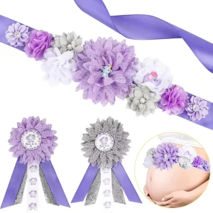Purple and Gray Elephant Baby Shower Maternity Sash Kit Flower Baby Shower Belly Belt and Mom to Be and Dad to Be Corsage Pins