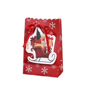 RTS White Cardboard Degradable Christmas Gift Bag with Bow Snowflake for Craft Candle Holiday Snack Packaging (Offset Printed)