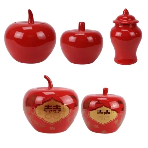 RZRU01 C D L S Wedding Festive Atmosphere Holiday Accent Glossy Red Apple Shaped Porcelain Lidded Storage Jar 4 5L Capacity